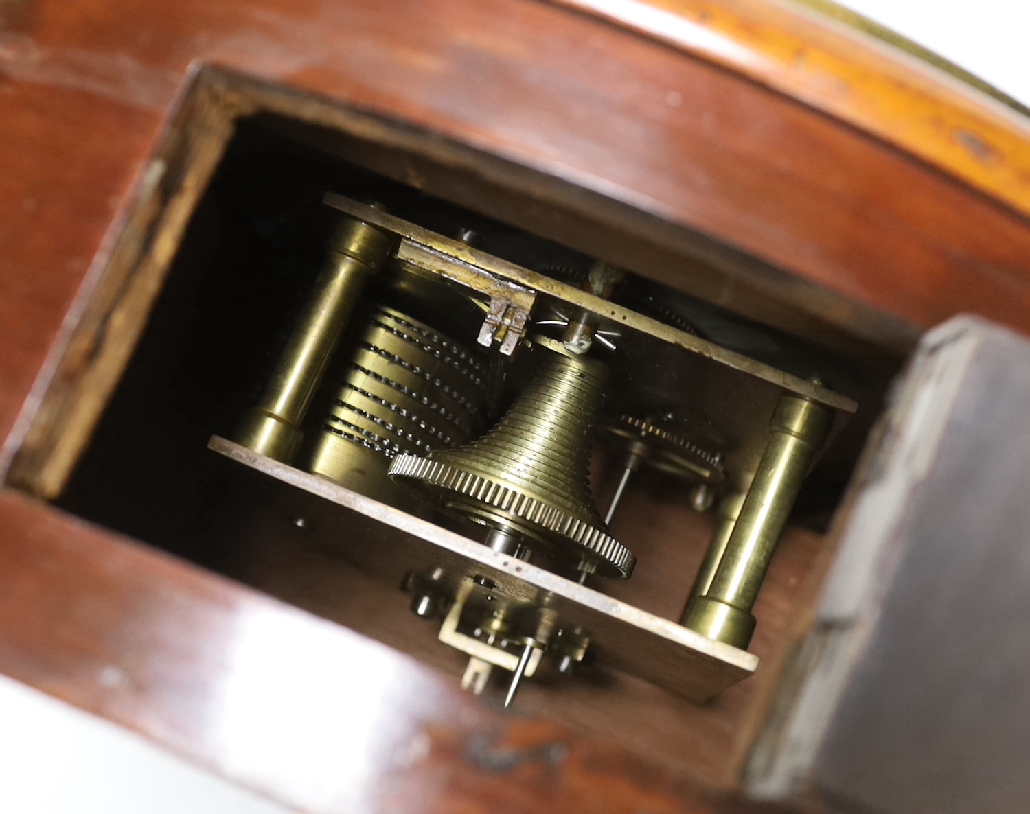 A J. Carr & Sons mahogany wall clock, single fusee movement, with pendulum and key, 37cm in diameter